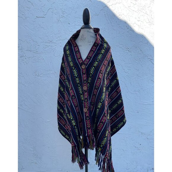 Z&L Womens Tassels Fringe Throw Poncho Shawl Scarf Large Blue Striped - Picture 10 of 10